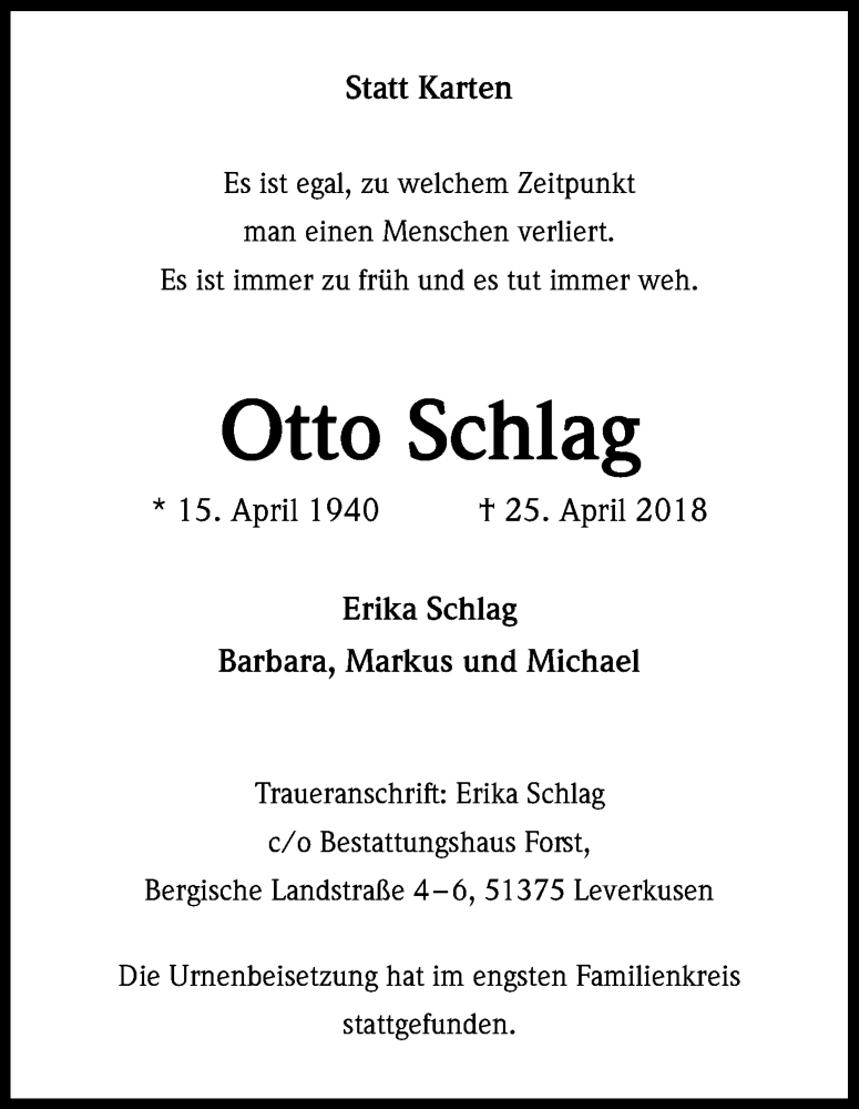  Traueranzeige für Otto Schlag vom 09.05.2018 aus Kölner Stadt-Anzeiger / Kölnische Rundschau / Express