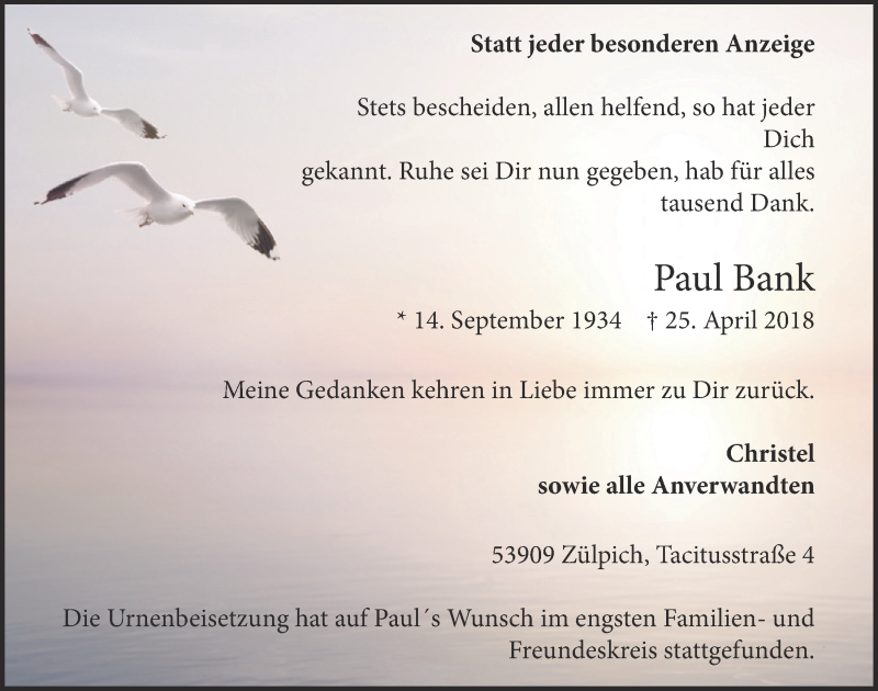  Traueranzeige für Paul Bank vom 12.05.2018 aus  Blickpunkt Euskirchen 