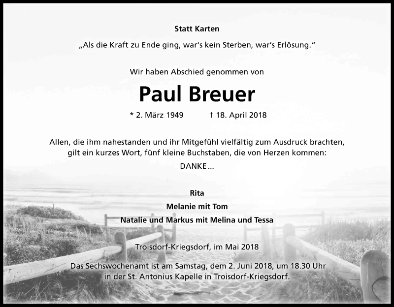  Traueranzeige für Paul Breuer vom 19.05.2018 aus Kölner Stadt-Anzeiger / Kölnische Rundschau / Express
