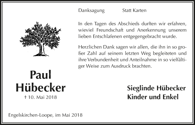  Traueranzeige für Paul Hübecker vom 30.05.2018 aus  Anzeigen Echo 