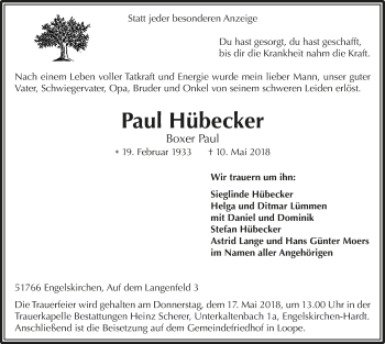 Anzeige von Paul Hübecker von  Anzeigen Echo 