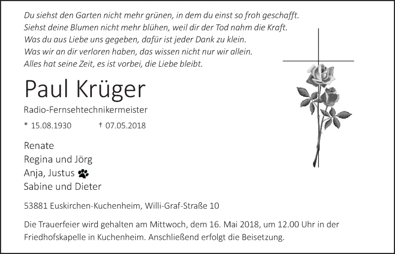  Traueranzeige für Paul Krüger vom 12.05.2018 aus  Blickpunkt Euskirchen 