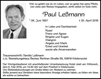 Anzeige von Paul Leßmann von Kölner Stadt-Anzeiger / Kölnische Rundschau / Express