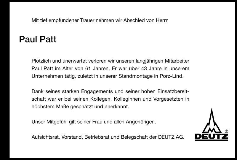 Traueranzeige für Paul Patt vom 05.05.2018 aus Kölner Stadt-Anzeiger / Kölnische Rundschau / Express