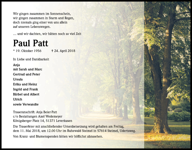  Traueranzeige für Paul Patt vom 05.05.2018 aus Kölner Stadt-Anzeiger / Kölnische Rundschau / Express