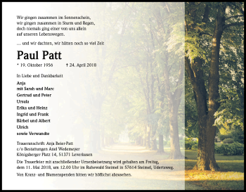 Anzeige von Paul Patt von Kölner Stadt-Anzeiger / Kölnische Rundschau / Express
