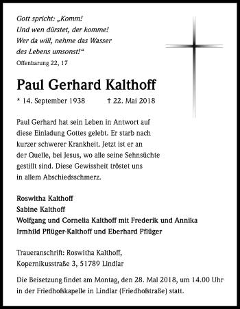 Anzeige von Paul Gerhard Kalthoff von Kölner Stadt-Anzeiger / Kölnische Rundschau / Express