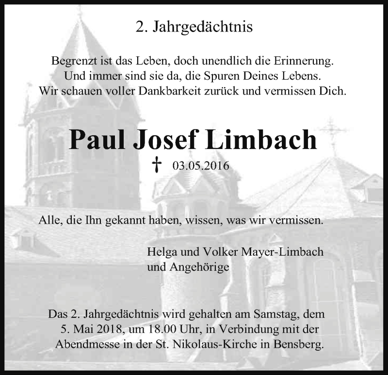  Traueranzeige für Paul Josef Limbach vom 03.05.2018 aus Kölner Stadt-Anzeiger / Kölnische Rundschau / Express