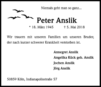 Anzeige von Peter Anslik von Kölner Stadt-Anzeiger / Kölnische Rundschau / Express
