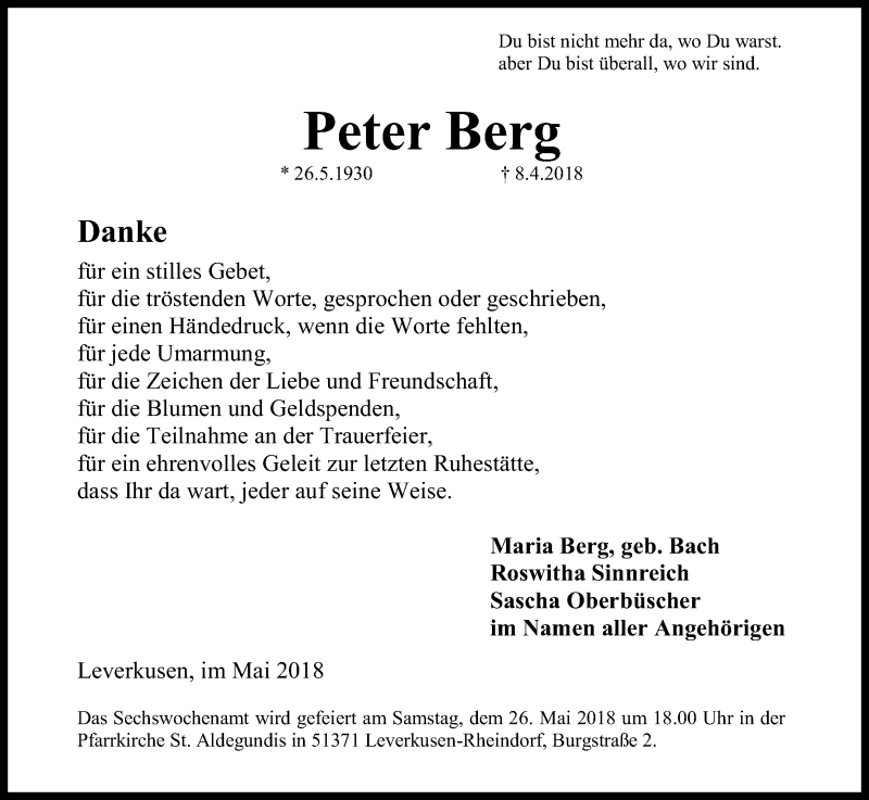  Traueranzeige für Peter Berg vom 19.05.2018 aus Kölner Stadt-Anzeiger / Kölnische Rundschau / Express