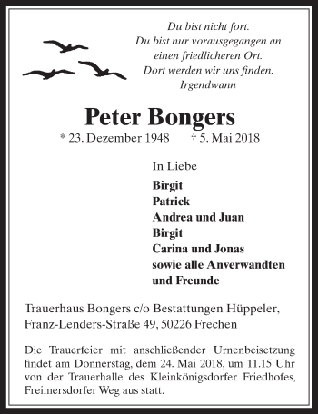 Anzeige von Peter Bongers von  Wochenende  Kölner Wochenspiegel 