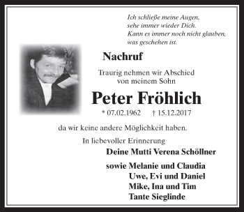 Anzeige von Peter Fröhlich von  Werbepost 
