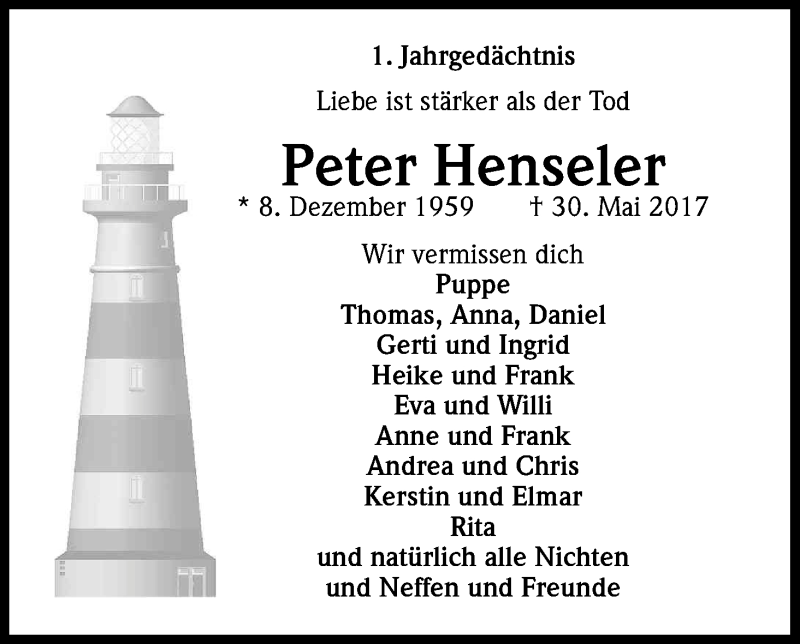  Traueranzeige für Peter Henseler vom 30.05.2018 aus Kölner Stadt-Anzeiger / Kölnische Rundschau / Express