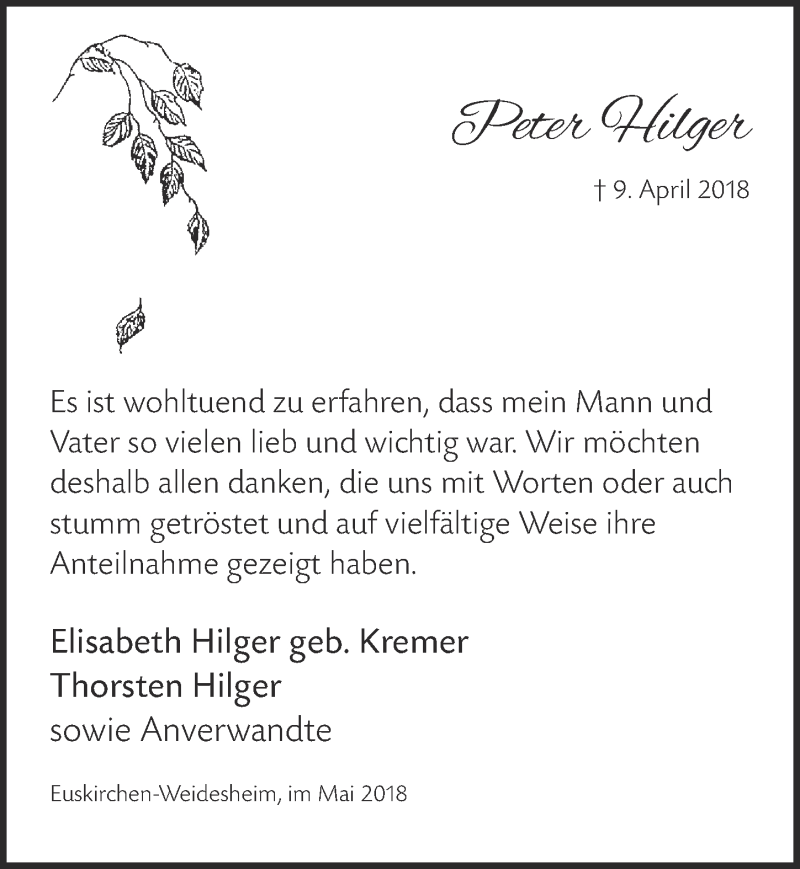  Traueranzeige für Peter Hilger vom 26.05.2018 aus  Blickpunkt Euskirchen 