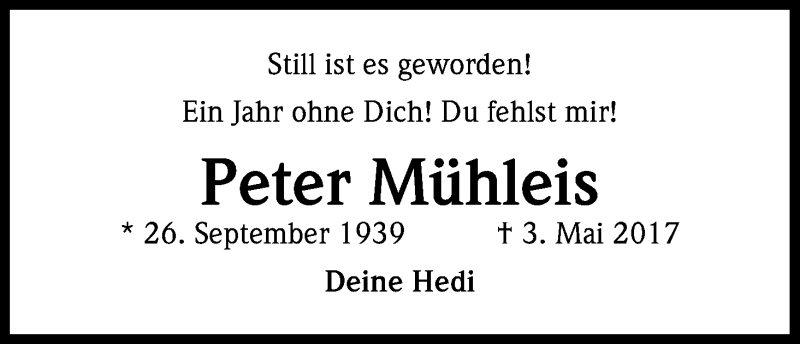  Traueranzeige für Peter Mühleis vom 05.05.2018 aus Kölner Stadt-Anzeiger / Kölnische Rundschau / Express