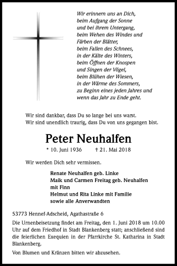 Anzeige von Peter Neuhalfen von Kölner Stadt-Anzeiger / Kölnische Rundschau / Express