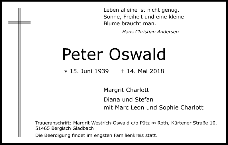  Traueranzeige für Peter Oswald vom 19.05.2018 aus Kölner Stadt-Anzeiger / Kölnische Rundschau / Express