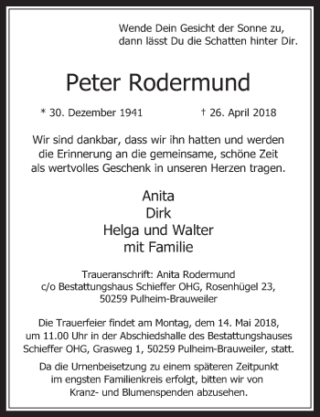 Anzeige von Peter Rodermund von  Wochenende 