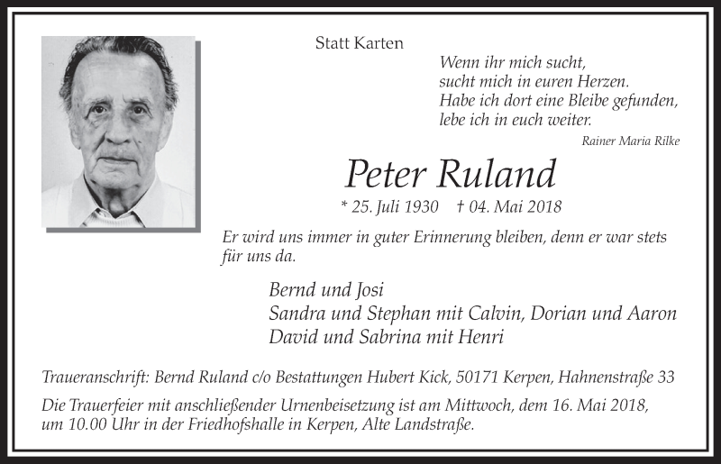  Traueranzeige für Peter Ruland vom 12.05.2018 aus  Sonntags-Post 