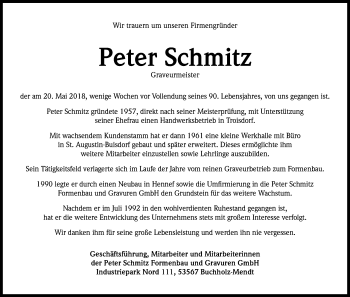 Anzeige von Peter Schmitz von Kölner Stadt-Anzeiger / Kölnische Rundschau / Express