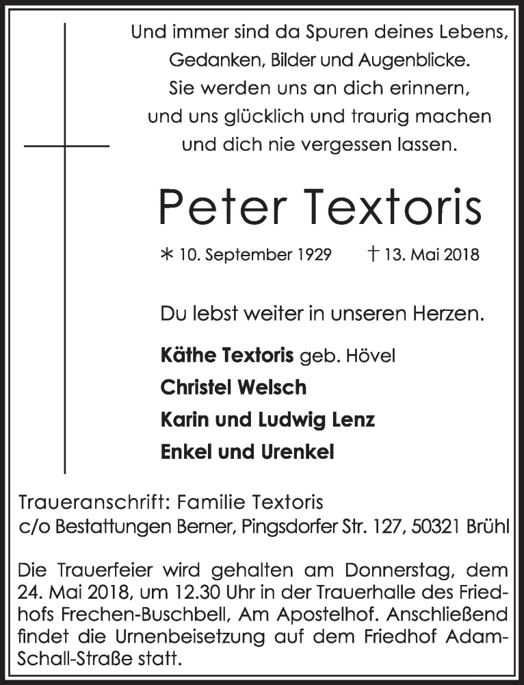  Traueranzeige für Peter Textoris vom 19.05.2018 aus  Sonntags-Post 