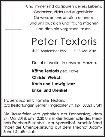 Anzeige von Peter Textoris von  Sonntags-Post 