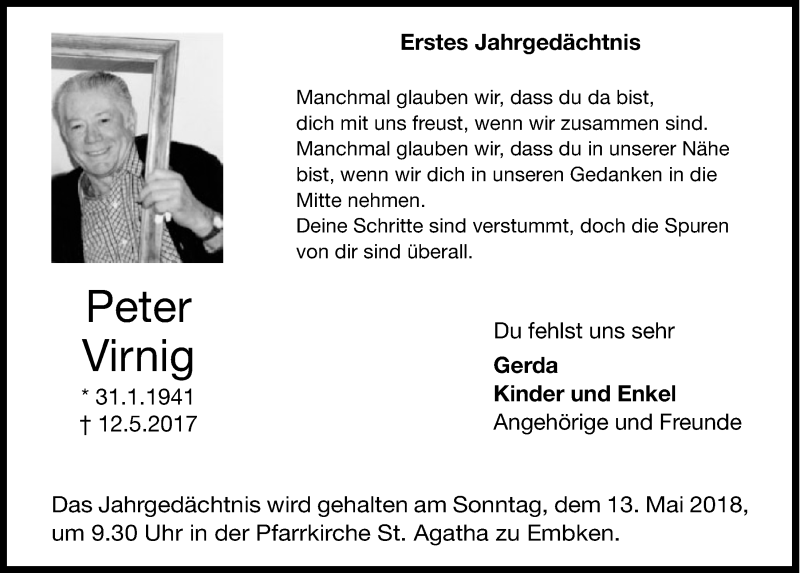  Traueranzeige für Peter Virnig vom 05.05.2018 aus  Blickpunkt Euskirchen 