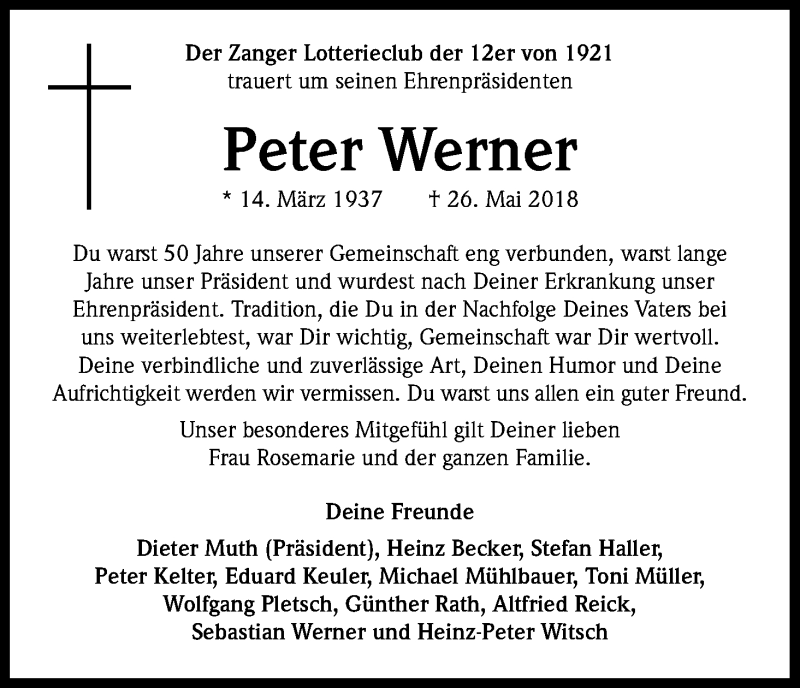  Traueranzeige für Peter Werner vom 31.05.2018 aus Kölner Stadt-Anzeiger / Kölnische Rundschau / Express