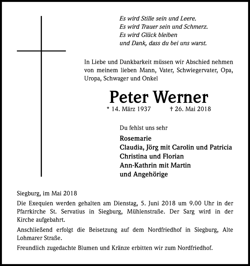  Traueranzeige für Peter Werner vom 31.05.2018 aus Kölner Stadt-Anzeiger / Kölnische Rundschau / Express