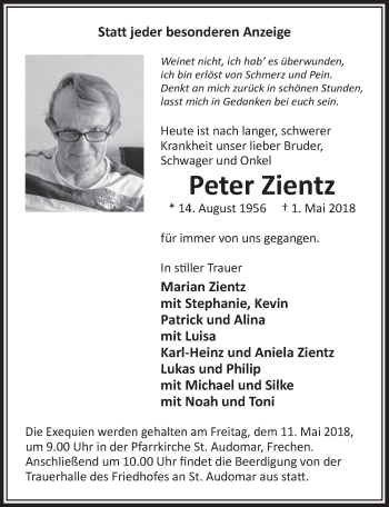 Anzeige von Peter Zientz von  Sonntags-Post 