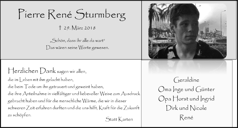  Traueranzeige für Pierre René Sturmberg vom 02.05.2018 aus  Bergisches Handelsblatt 