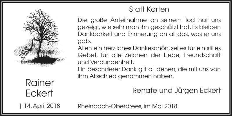  Traueranzeige für Rainer Eckert vom 09.05.2018 aus  Schaufenster/Blickpunkt 