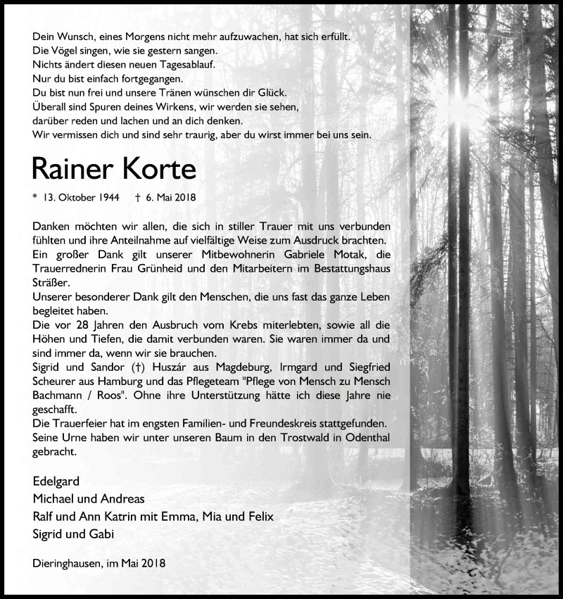  Traueranzeige für Rainer Korte vom 30.05.2018 aus Kölner Stadt-Anzeiger / Kölnische Rundschau / Express