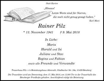 Anzeige von Rainer Pilz von Kölner Stadt-Anzeiger / Kölnische Rundschau / Express
