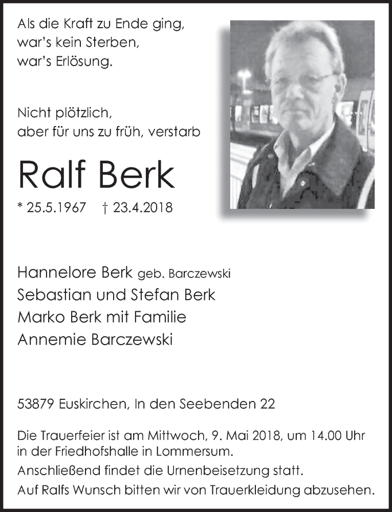  Traueranzeige für Ralf Berk vom 05.05.2018 aus  Blickpunkt Euskirchen 