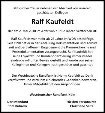 Anzeige von Ralf Kaufeldt von Kölner Stadt-Anzeiger / Kölnische Rundschau / Express