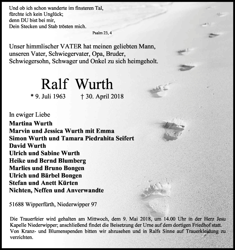  Traueranzeige für Ralf Wurth vom 04.05.2018 aus Kölner Stadt-Anzeiger / Kölnische Rundschau / Express