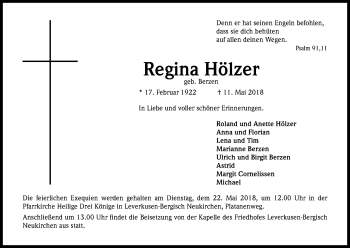 Anzeige von Regina Hölzer von Kölner Stadt-Anzeiger / Kölnische Rundschau / Express