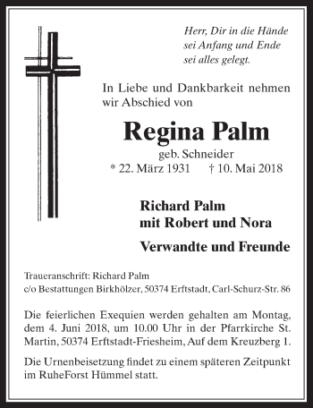 Anzeige von Regina Palm von  Werbepost 