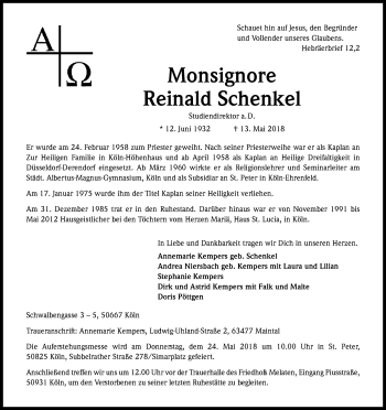 Anzeige von Reinald Schenkel von Kölner Stadt-Anzeiger / Kölnische Rundschau / Express