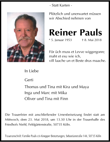 Anzeige von Reiner Pauls von Kölner Stadt-Anzeiger / Kölnische Rundschau / Express