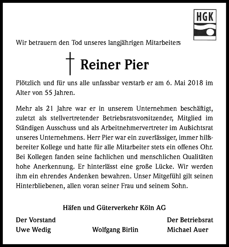  Traueranzeige für Reiner Pier vom 12.05.2018 aus Kölner Stadt-Anzeiger / Kölnische Rundschau / Express