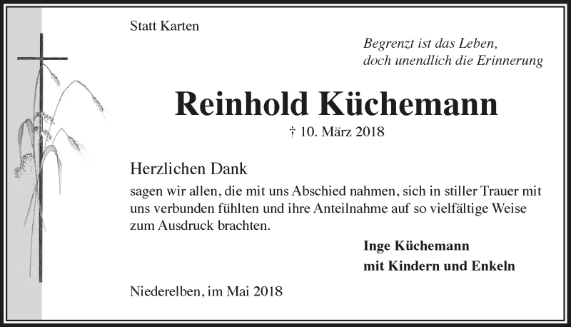  Traueranzeige für Reinhold Küchemann vom 09.05.2018 aus  Anzeigen Echo  Lokalanzeiger 