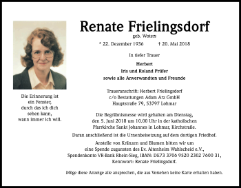 Anzeige von Renate Frielingsdorf von Kölner Stadt-Anzeiger / Kölnische Rundschau / Express