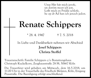 Anzeige von Renate Schippers von Kölner Stadt-Anzeiger / Kölnische Rundschau / Express