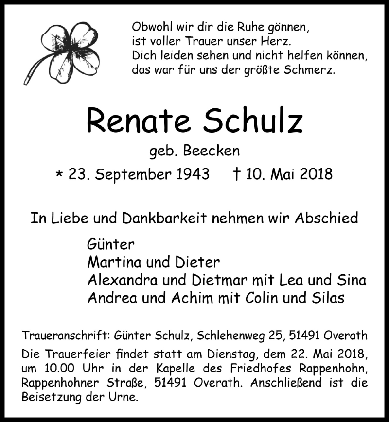  Traueranzeige für Renate Schulz vom 16.05.2018 aus  Bergisches Handelsblatt 