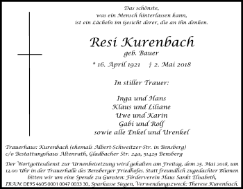 Anzeige von Resi Kurenbach von Kölner Stadt-Anzeiger / Kölnische Rundschau / Express