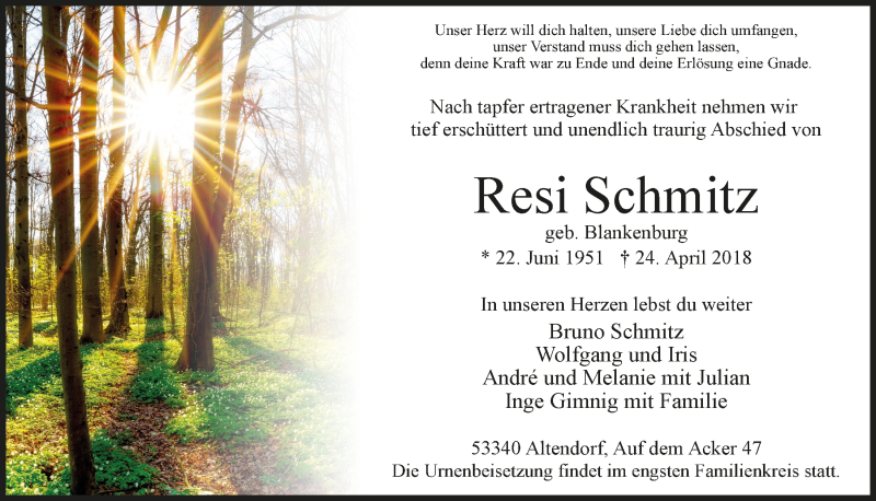  Traueranzeige für Resi Schmitz vom 02.05.2018 aus  Schaufenster/Blickpunkt 