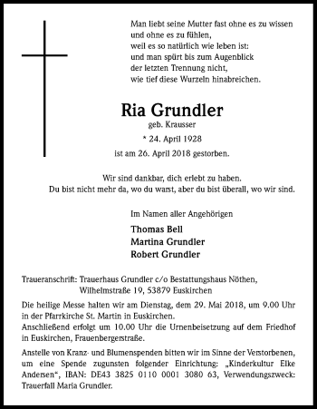 Anzeige von Ria Grundler von Kölner Stadt-Anzeiger / Kölnische Rundschau / Express