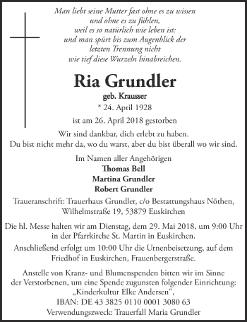 Anzeige von Ria Grundler von  Blickpunkt Euskirchen 